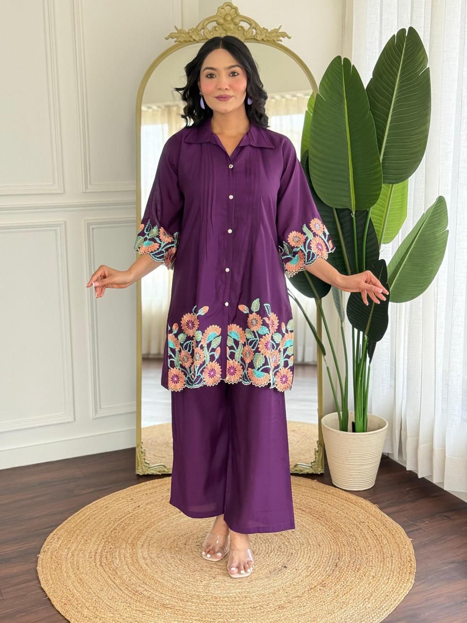 Pure Roman Silk Embroidered Purple Co-Ord Set (2-Piece) - PURPLE