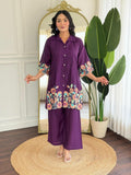 Pure Roman Silk Embroidered Purple Co-Ord Set (2-Piece) - PURPLE