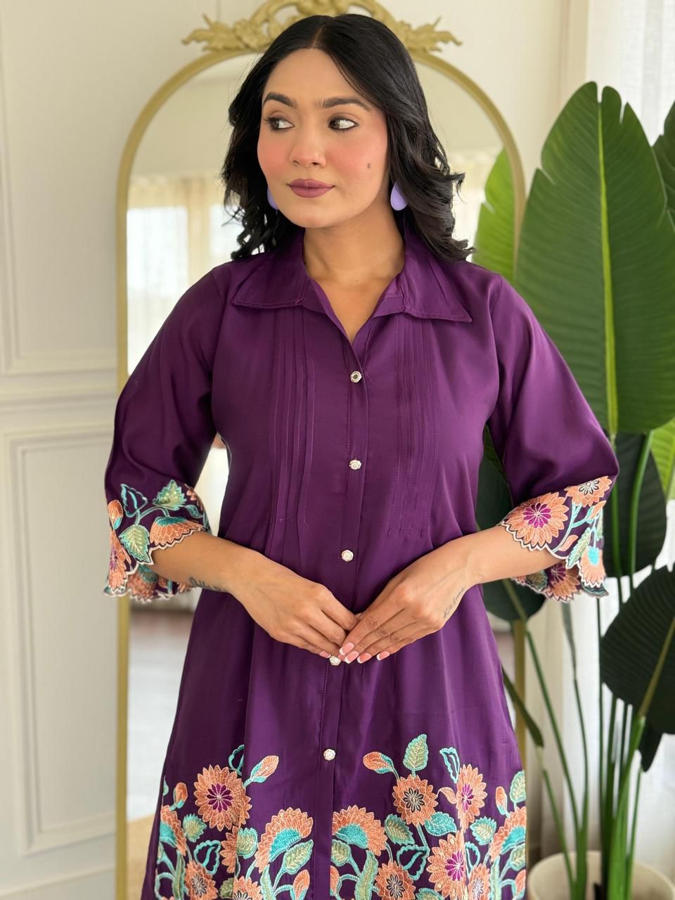 Pure Roman Silk Embroidered Purple Co-Ord Set (2-Piece) - PURPLE