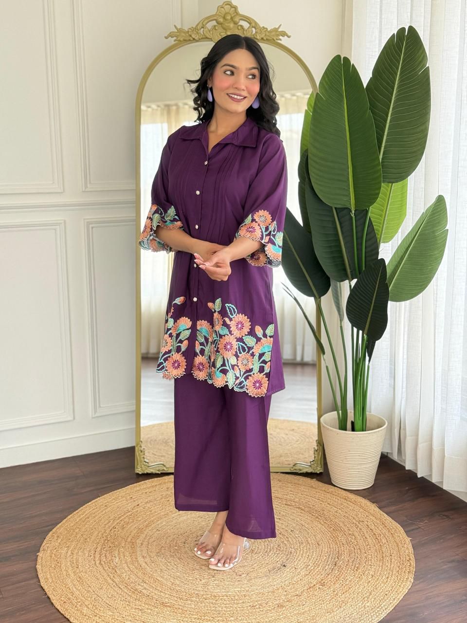 Pure Roman Silk Embroidered Purple Co-Ord Set (2-Piece) - PURPLE