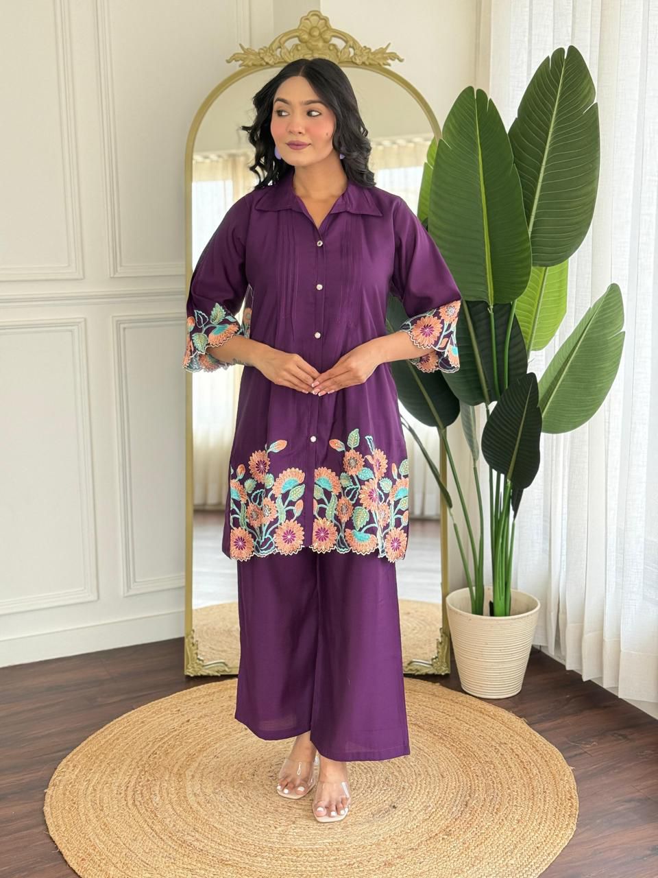 Pure Roman Silk Embroidered Purple Co-Ord Set (2-Piece) - PURPLE