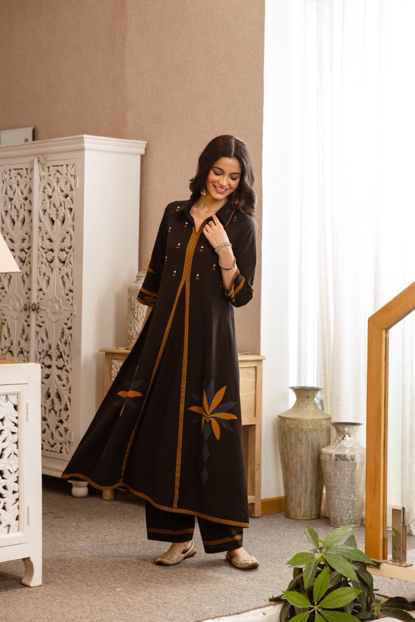 Black Khadi Cotton Printed & Mirror Work Co-Ord Set (2-Piece) - BLACK