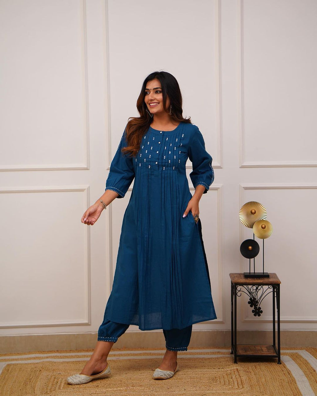 Teal Blue Cotton Kurti Pant Co-Ord Set (2-Piece) - TEAL BLUE