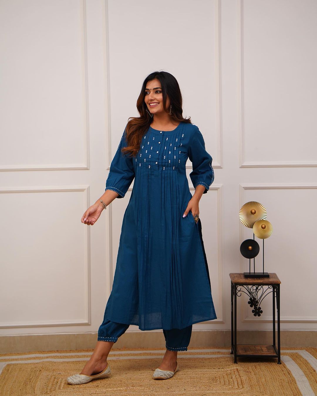 Teal Blue Cotton Kurti Pant Co-Ord Set (2-Piece) - TEAL BLUE