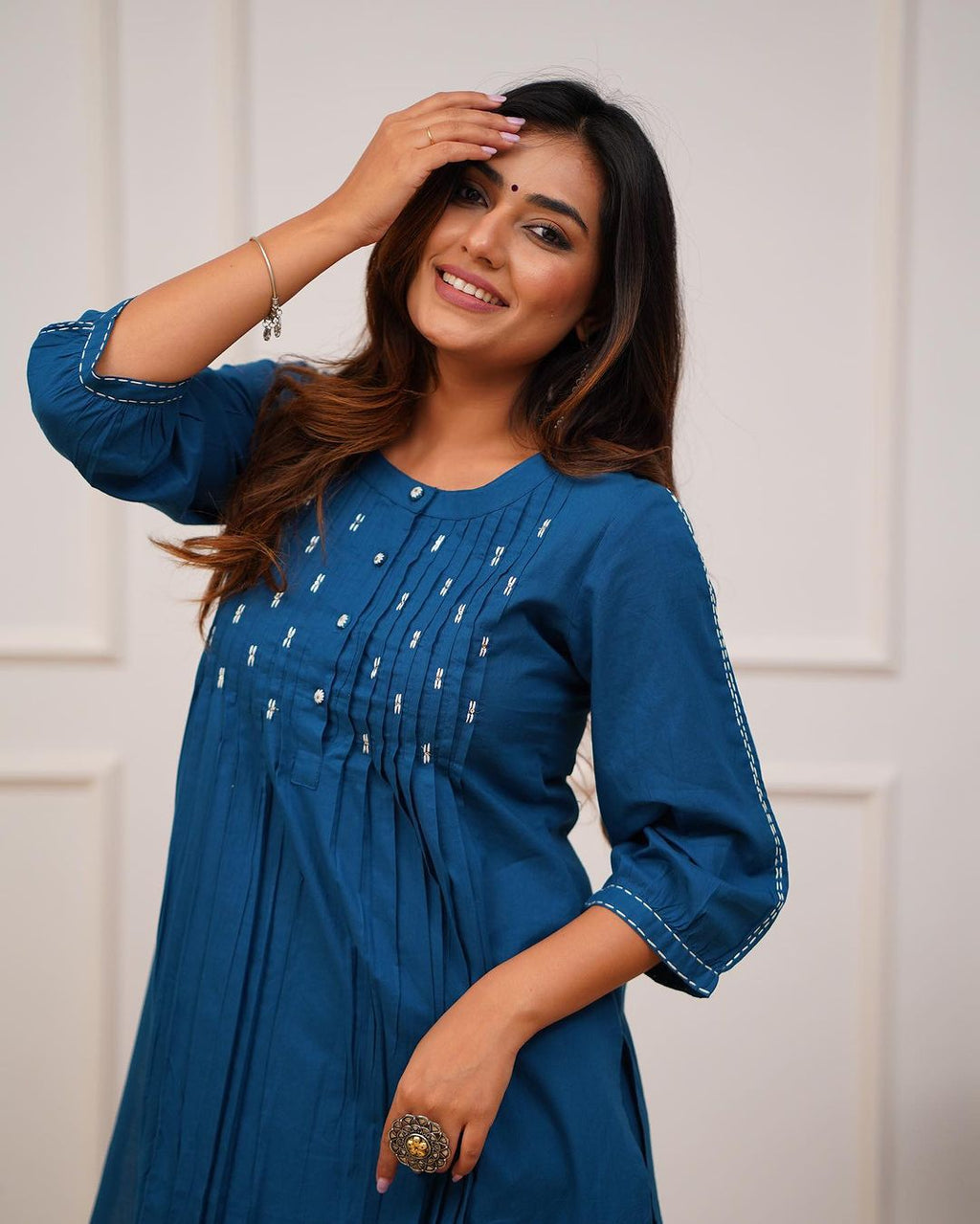 Teal Blue Cotton Kurti Pant Co-Ord Set (2-Piece) - TEAL BLUE