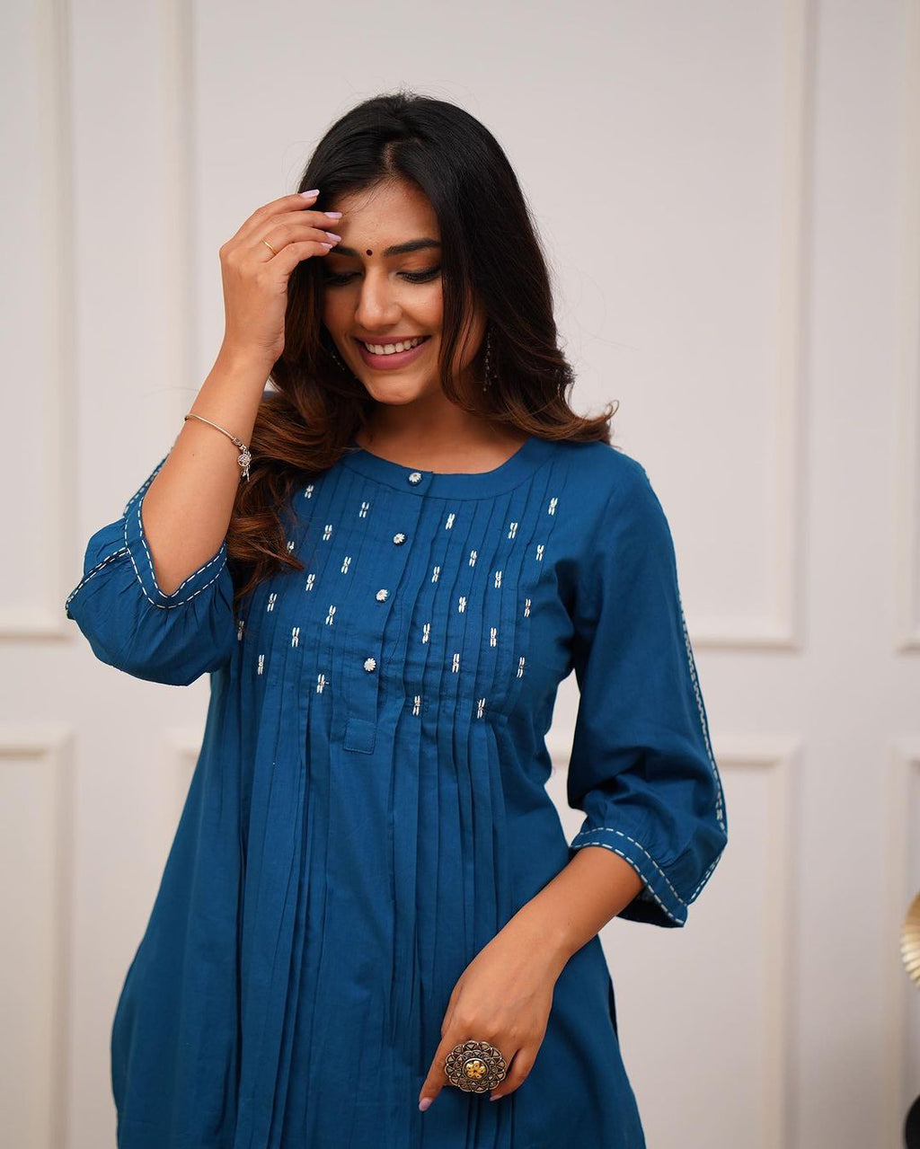 Teal Blue Cotton Kurti Pant Co-Ord Set (2-Piece) - TEAL BLUE