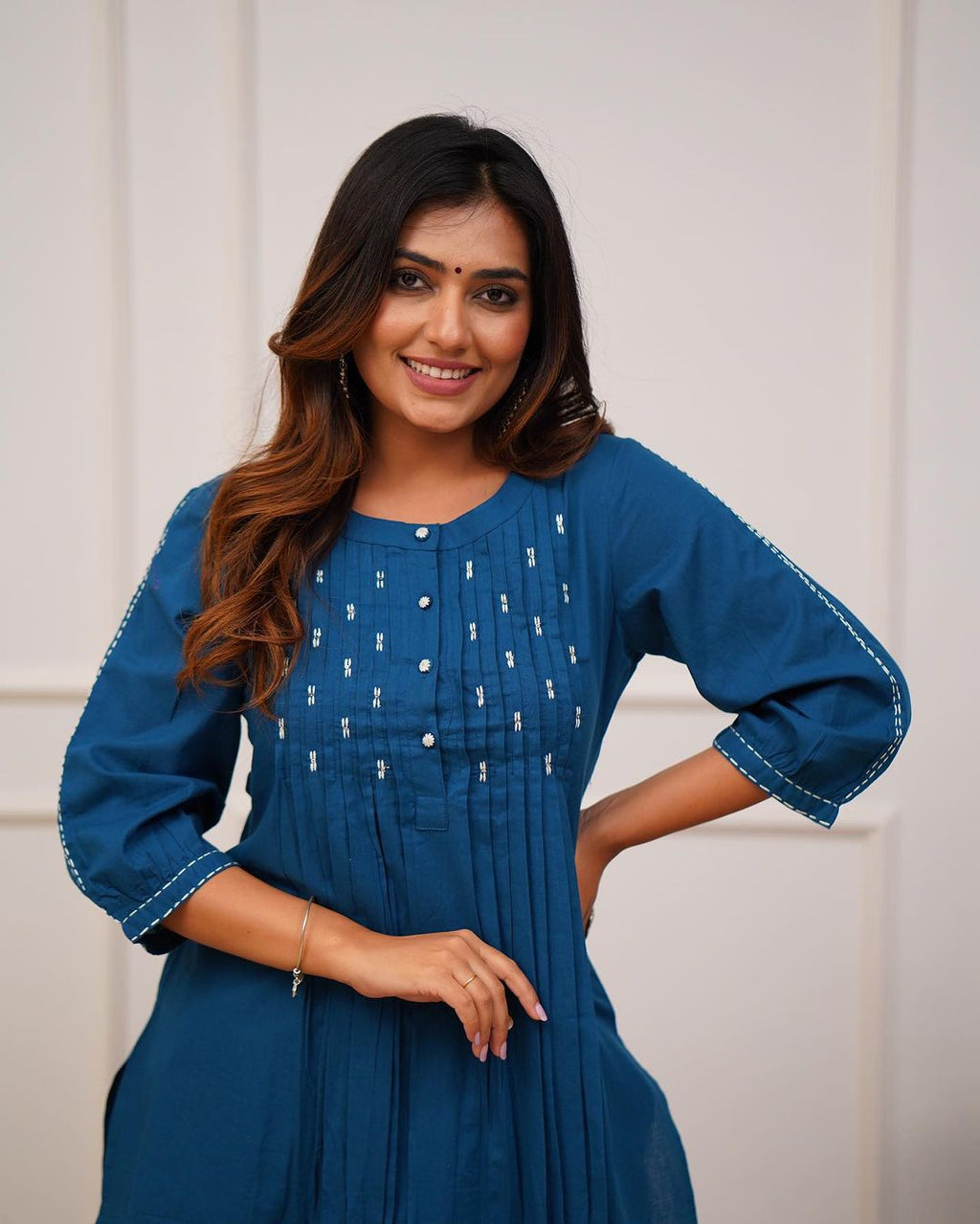 Teal Blue Cotton Kurti Pant Co-Ord Set (2-Piece) - TEAL BLUE