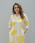 White & Yellow Floral Cotton Co-Ord Set with Pockets (2-Piece) - PURPLE