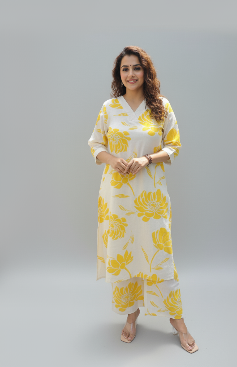 White & Yellow Floral Cotton Co-Ord Set with Pockets (2-Piece) - PURPLE