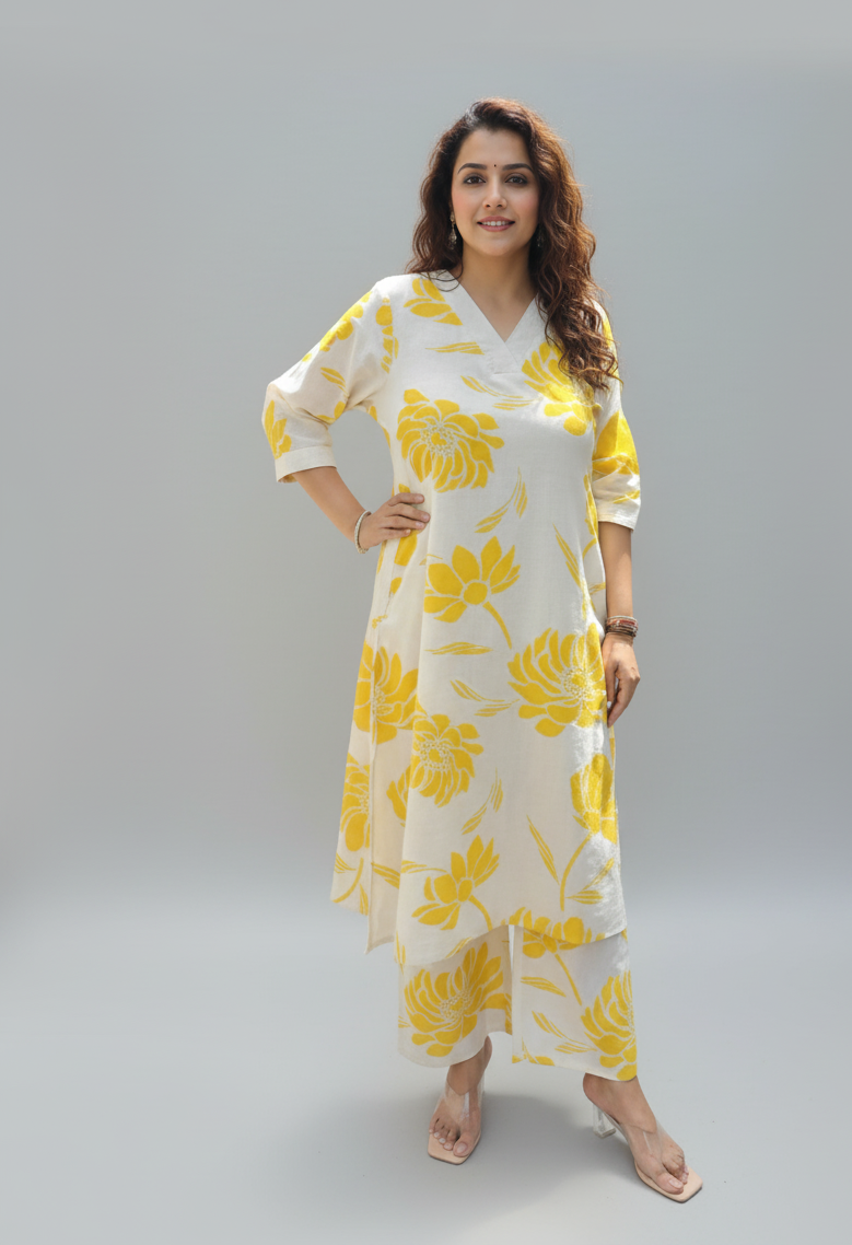 White & Yellow Floral Cotton Co-Ord Set with Pockets (2-Piece) - PURPLE