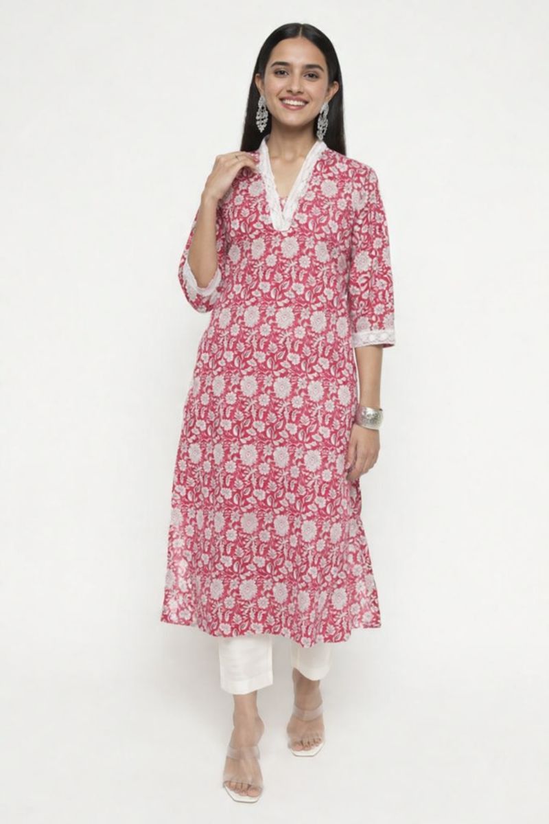 Red Pure Cotton Printed Kurti Pant Co-Ord Set (2-Piece)