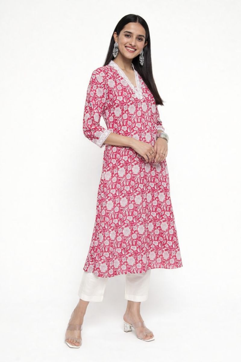 Red Pure Cotton Printed Kurti Pant Co-Ord Set (2-Piece) - CHERRY RED