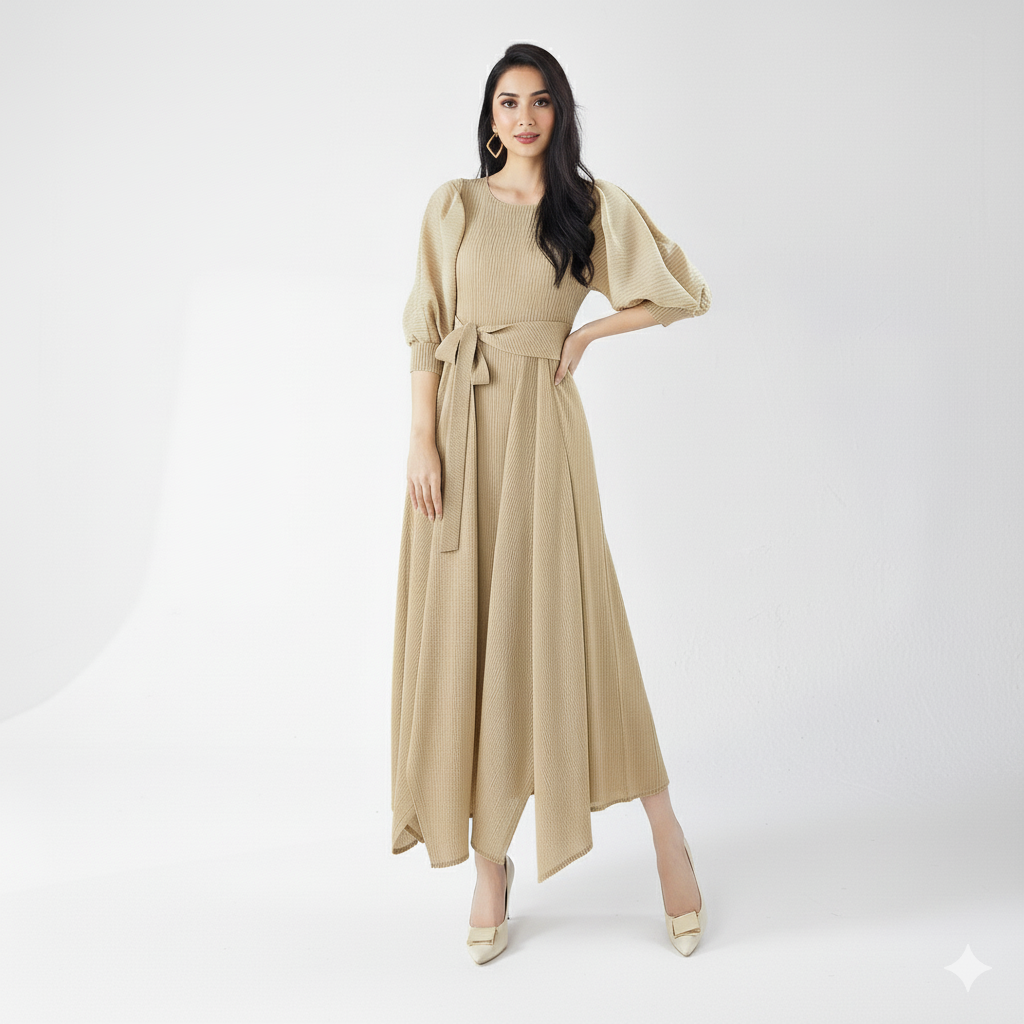 Belleza Pleated Maxi Dress – Elegant Purple Long Dress - BEIGE