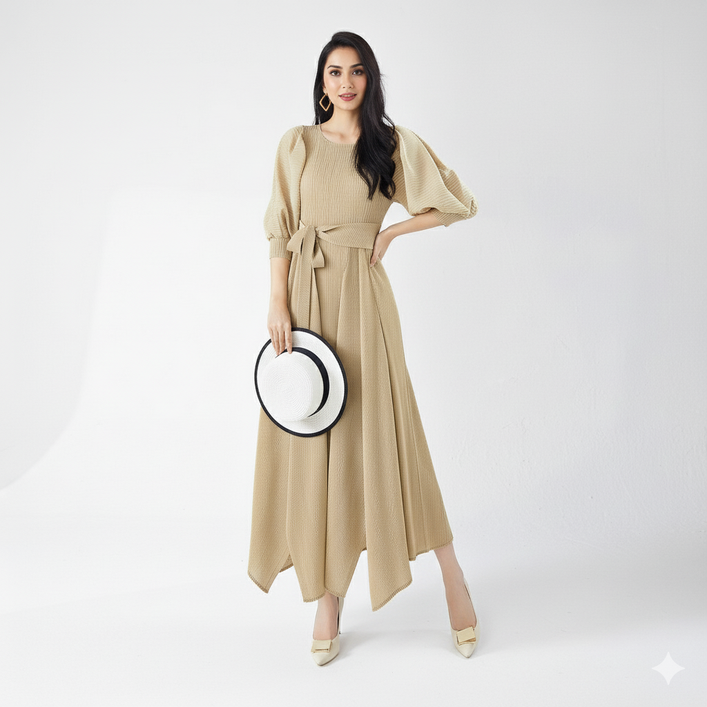 Belleza Pleated Maxi Dress – Elegant Purple Long Dress - BEIGE