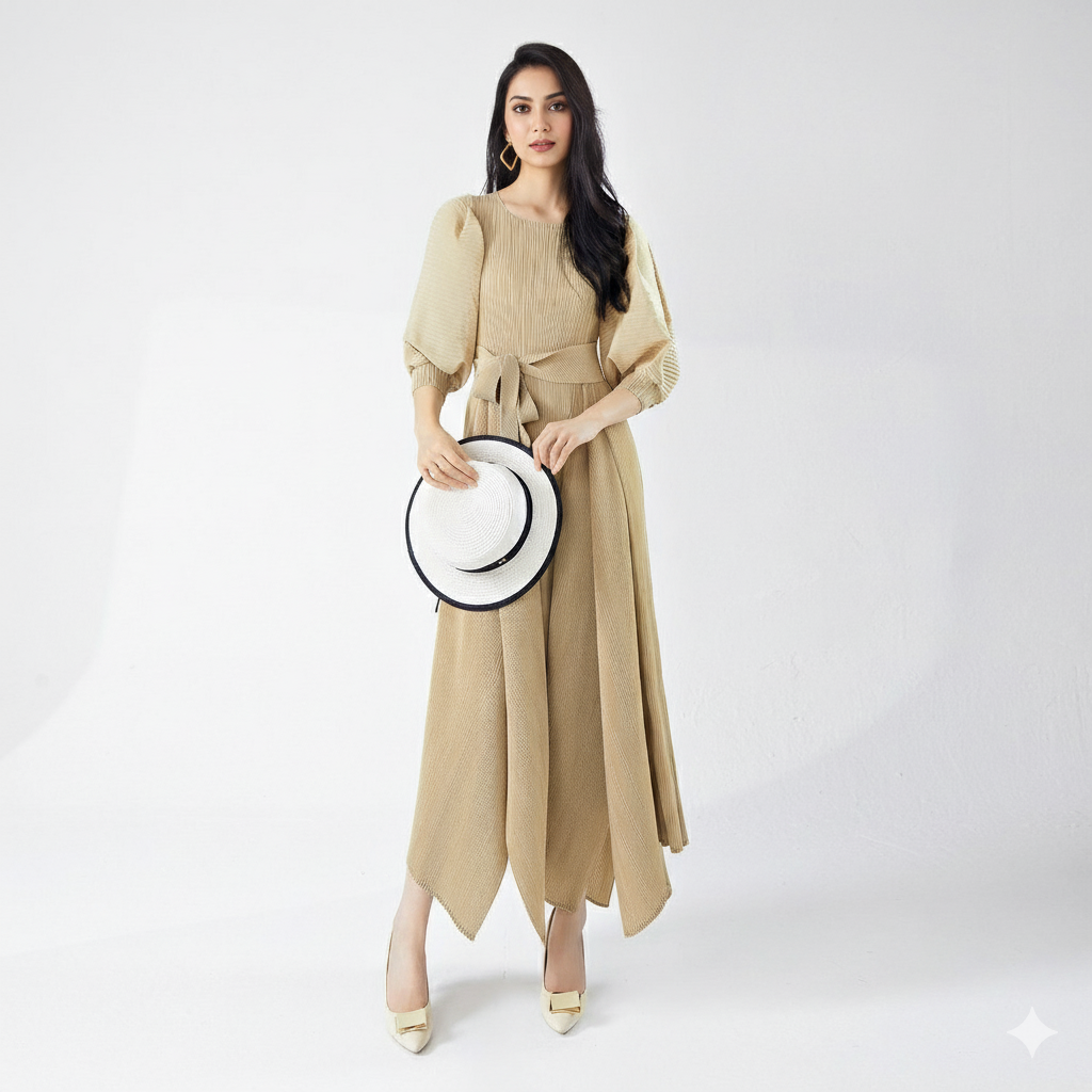 Belleza Pleated Maxi Dress – Elegant Purple Long Dress - BEIGE