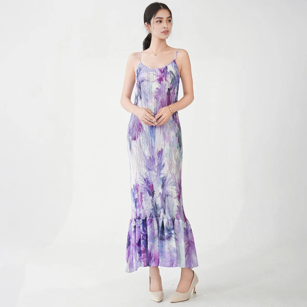 Floral Printed Suspender Maxi Dress - PURPLE