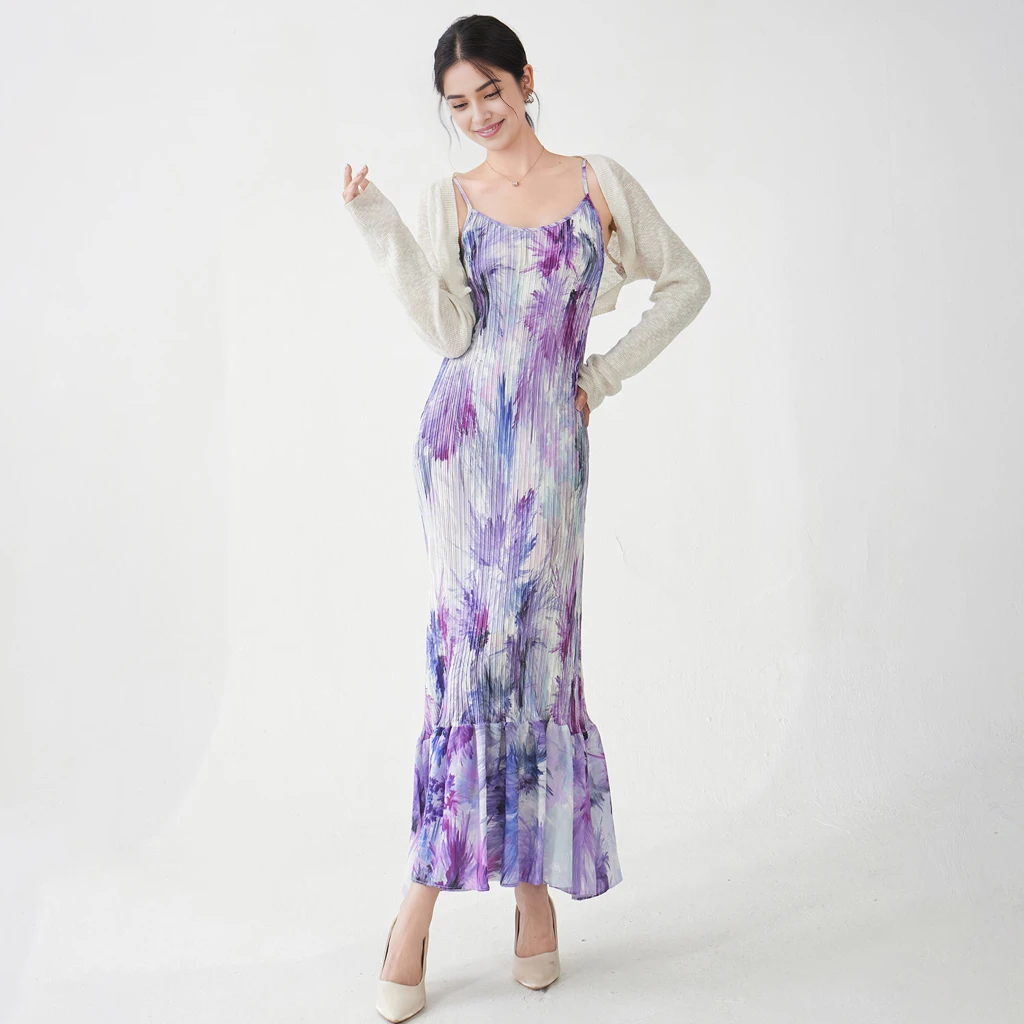 Floral Printed Suspender Maxi Dress - PURPLE